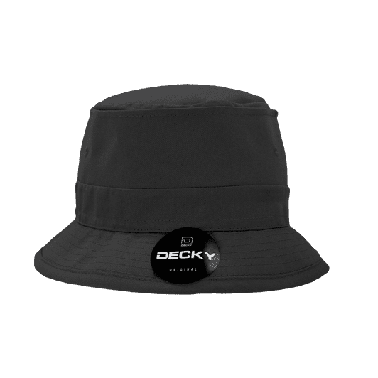 A structured black fisherman's hat with a wide brim and a logo on the front.