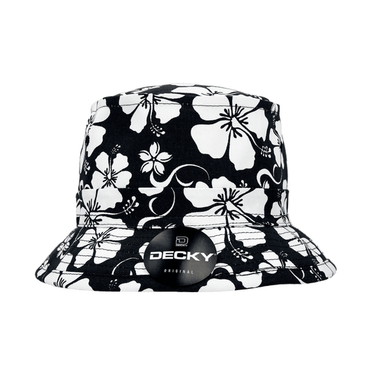 A structured floral fisherman's hat featuring a black and white floral pattern and a branded badge.
