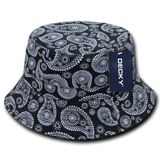 A black bucket hat featuring a white paisley pattern, with a tag attached for branding.