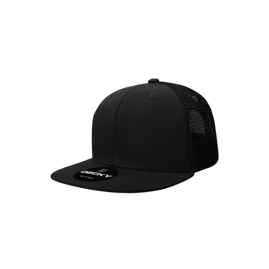 A black high-profile structured trucker cap featuring a mesh back and logo on the front.