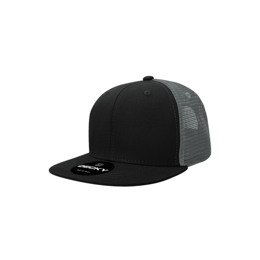 A black high-profile structured trucker cap with a grey mesh back and a logo on the front.