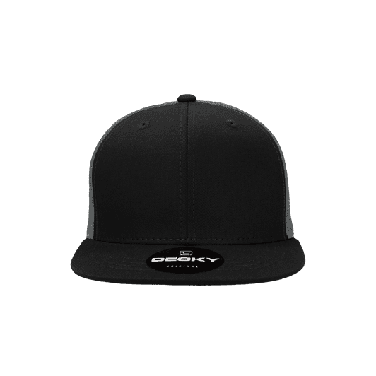 A black high-profile structured trucker cap with a grey panel and a logo on the front.