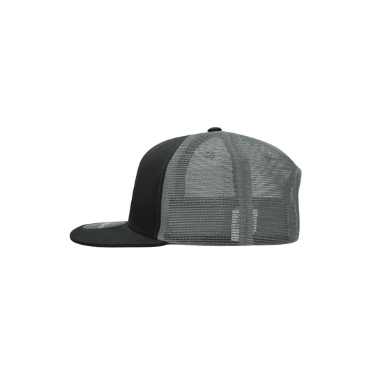 A black and grey trucker cap featuring a structured six-panel design and a mesh back with a logo.