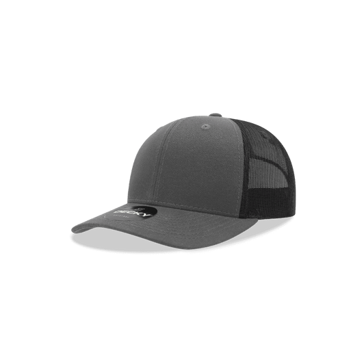 A grey 6-panel mid-profile structured trucker cap with a mesh back and a logo on the front.