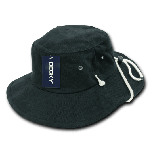 A dark green cotton bucket hat with a logo, featuring a drawstring and eyelets for ventilation.