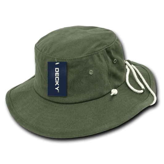 A structured Aussie hat in olive green with a white drawstring and a tag, featuring ventilation eyelets.