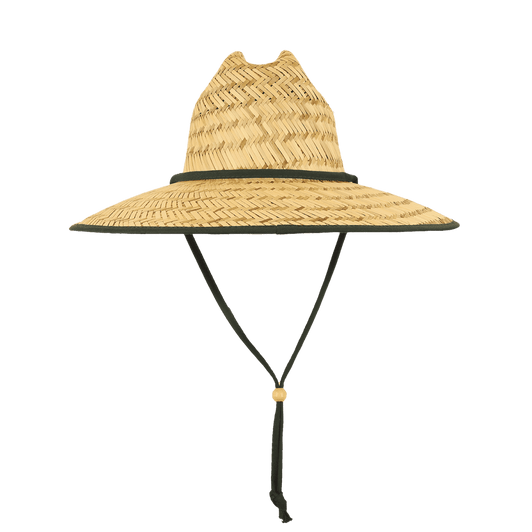 A straw lifeguard hat in natural tones with a black band and chin strap. It features a wide brim for sun protection.