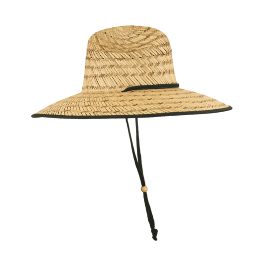 A straw lifeguard hat in natural tones with a wide brim and adjustable chin strap. It features a black accent.