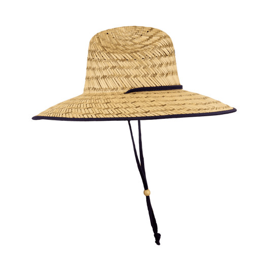 A straw lifeguard hat in natural tones with a navy trim and adjustable chin strap.