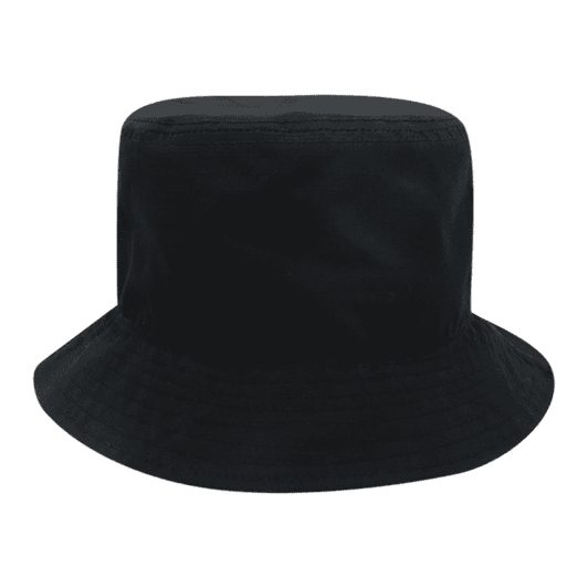 A black bucket hat with a wide brim, featuring a simple and sleek design. It has a logo on its side.