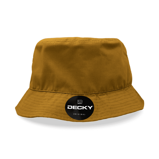 A brown bucket hat with a black logo on the front and a wide brim.