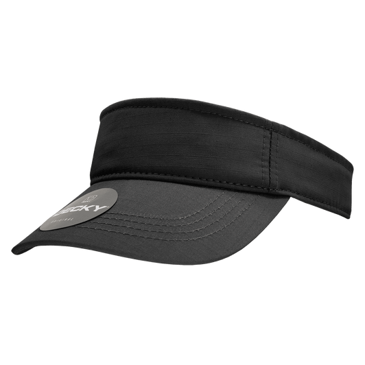 A black visor with a wide brim and adjustable band, featuring a logo on the front.