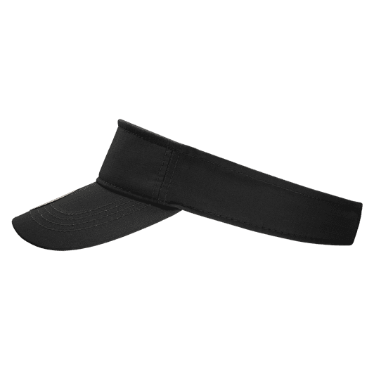 A black visor with a wide brim and an adjustable band, featuring a logo on the front.
