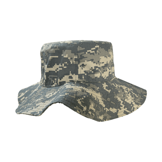 A structured boonie hat in a grey and cream camouflage pattern with a wide brim and a logo.