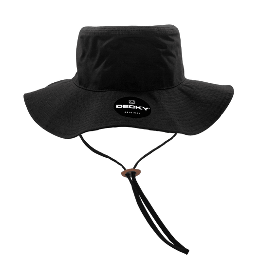 A black bucket hat with a chin strap and a logo on the front.