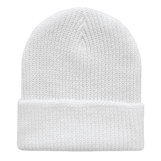 A white knitted beanie cap with a folded cuff, featuring a logo on the side.