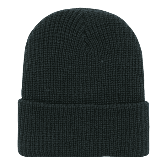 A dark green knit beanie with a folded cuff, featuring a simple design and no visible logo.