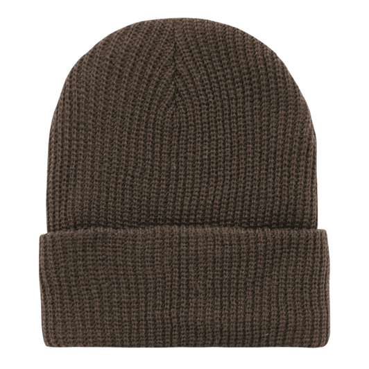 A brown knitted beanie with a folded cuff, featuring a subtle logo.