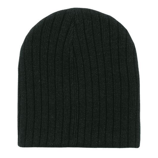 A black ribbed beanie with a soft texture, featuring a simple design. It has a logo on one side.