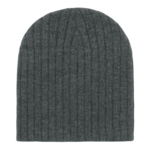A grey knitted beanie with a ribbed texture. It has a simple, minimalist design.