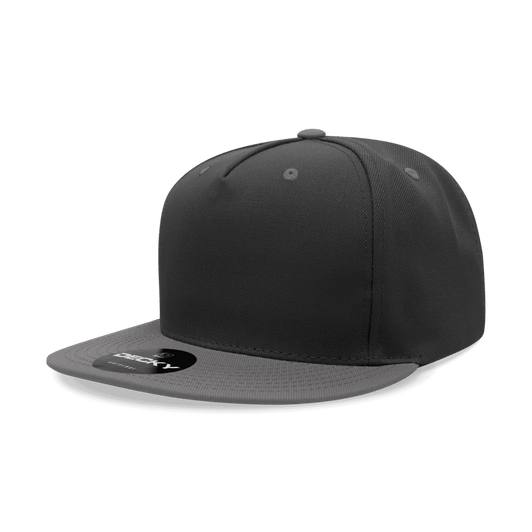 A high-profile structured snapback cap in black with a flat brim and a logo on the front.