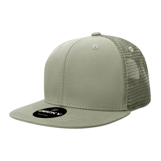 A light green, high-profile structured trucker cap with a mesh back and a branded tag on the front.