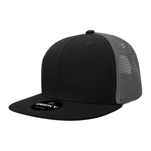 A black high-profile structured trucker cap with a mesh back and a logo on the front.