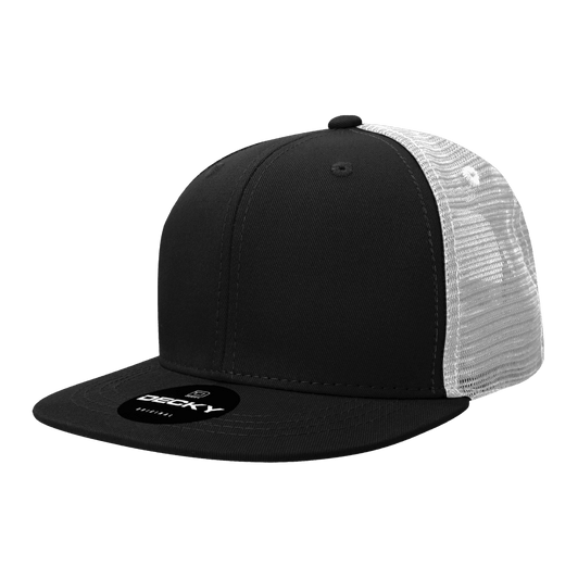 A black high profile structured trucker cap with a mesh back and a logo on the front.