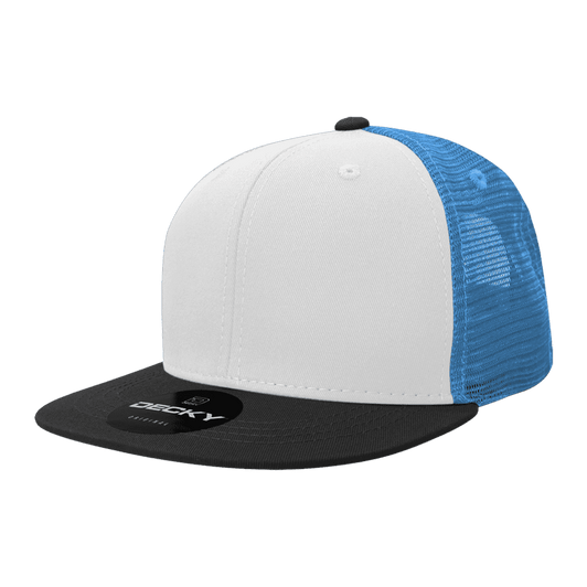 A high-profile structured trucker cap featuring a white front, black brim, and blue mesh back, with a logo on the front.