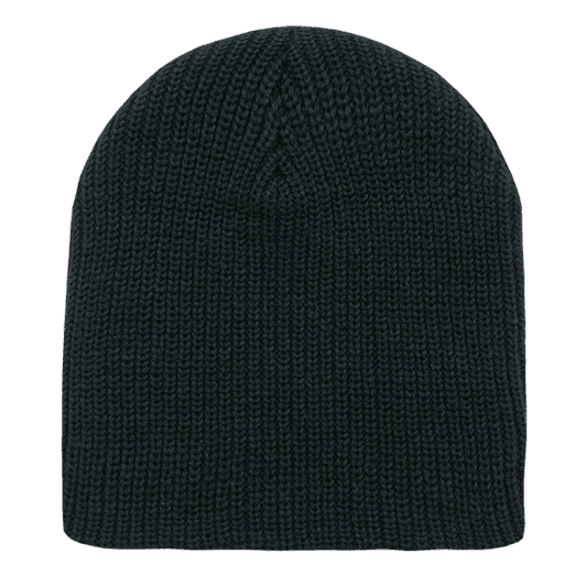 A cuffless watch cap in dark green with a knitted texture, featuring a rounded top and no visible logo.