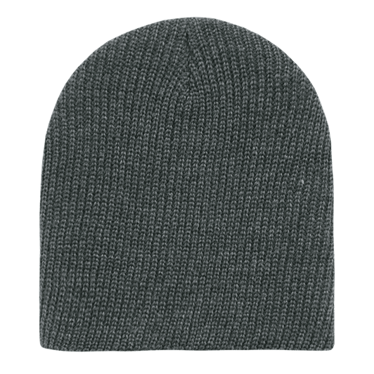 A grey cuffless watch cap with a knitted texture, featuring a round top and no visible branding.