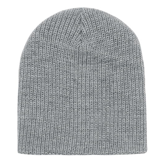 A grey knitted beanie hat with a ribbed texture and no cuff. It features a simple logo.