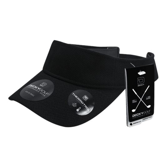 A black sun visor with a textured pique pattern and tags, featuring a logo and branding.