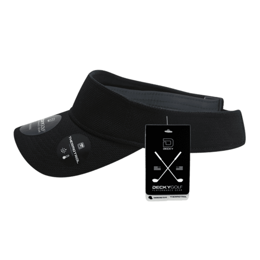 A black pique patterned sun visor with a logo and attached tag. The visor features a curved brim and adjustable fit.