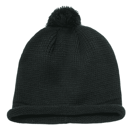 A black knitted beanie with a pom-pom on top and a rolled brim. Features a logo on the side.