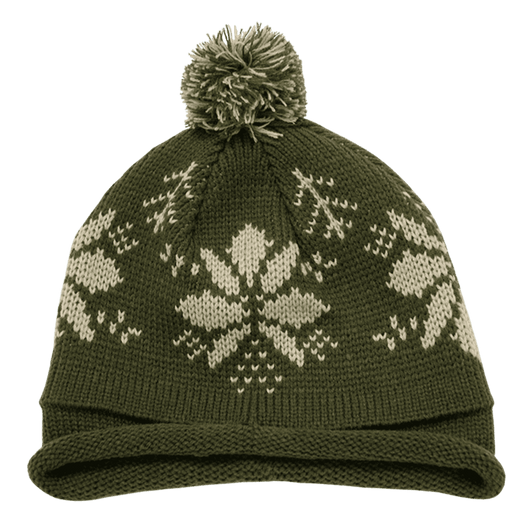 A green beanie with a snowflake pattern and a pom-pom on top, featuring a fold-up brim.