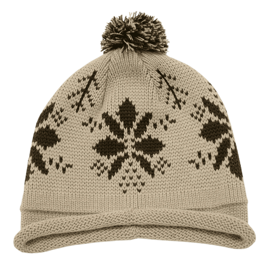 A beige beanie with a snowflake pattern and a pom pom on top, featuring a logo on the side.