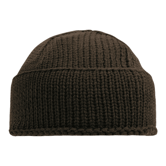 A dark brown knitted beanie with ribbed texture, featuring a logo on the side.