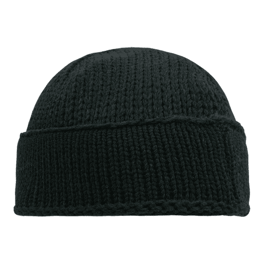 A black knitted beanie with a simple, rounded design. Features a rolled cuff and textured stitching.