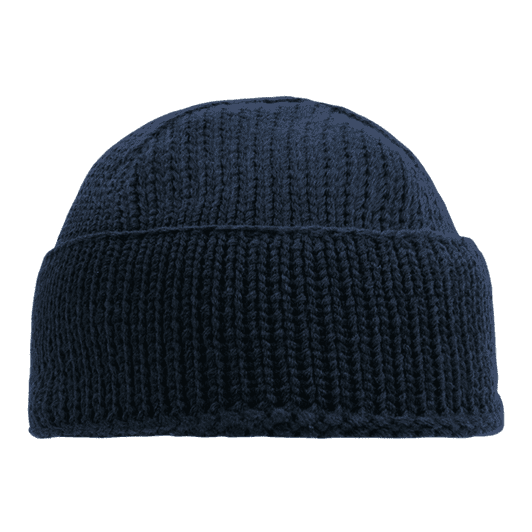 A navy blue beanie with a knitted texture and a folded brim, featuring a simple logo.