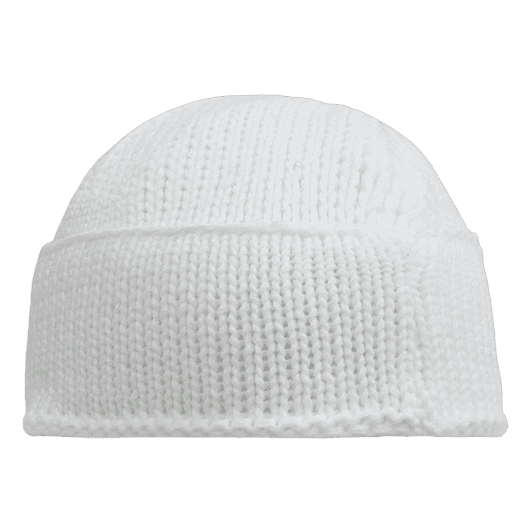 A white knitted beanie with a rounded top and a fold-over cuff, featuring a branding logo.
