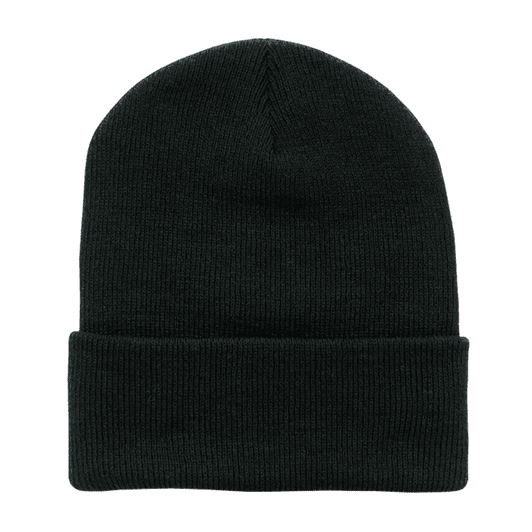 A black long beanie with a ribbed texture and a folded cuff, featuring a logo on the side.