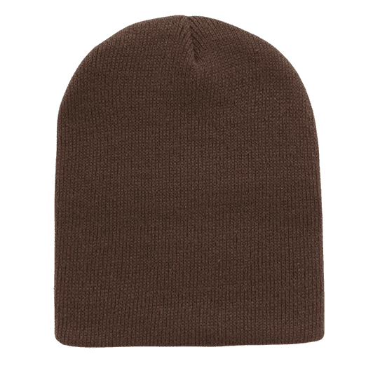 A brown short beanie featuring a ribbed texture and a rounded top, with a branding logo present.