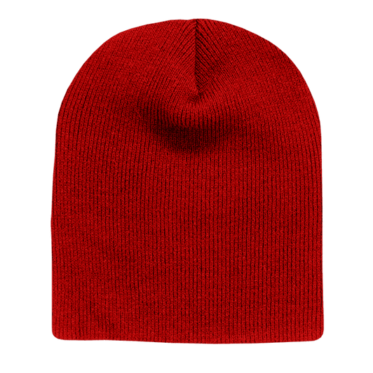 A red short beanie with a ribbed texture, featuring a rounded top.
