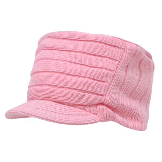 A pink knitted flat top cap with a visor, featuring a textured ribbed design. It has a branding logo on it.