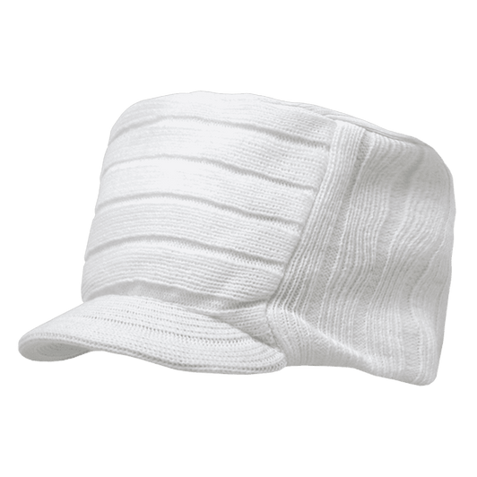 A white knitted flat top cap with a visor and textured design. The cap features a logo on the side.