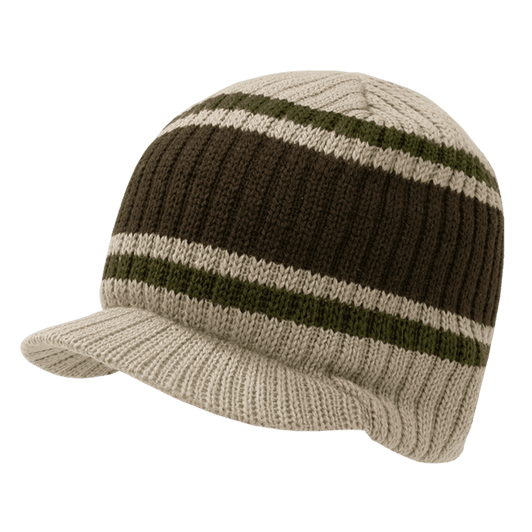 A striped beanie hat featuring beige and dark brown colours with a green stripe, designed for warmth and style.