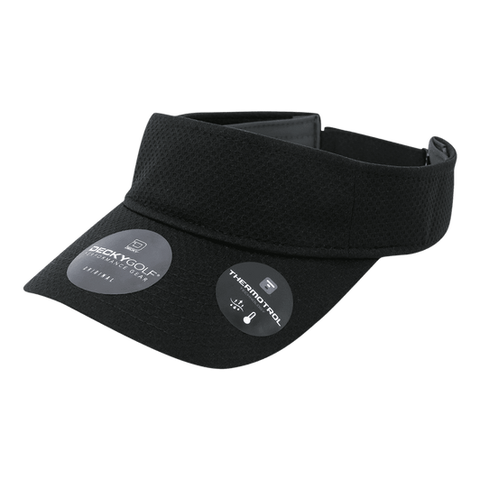 A black dimple patterned sun visor with a wide brim and adjustable band. Features branding and product details.