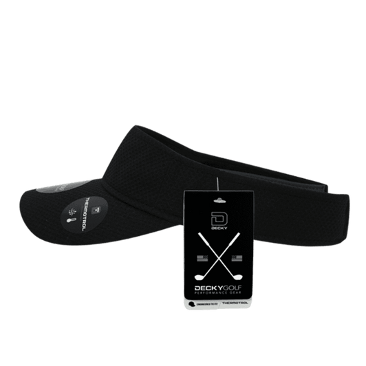 A black dimple patterned sun visor with a tag attached, featuring a logo.