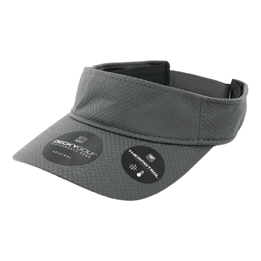 A grey dimple patterned sun visor featuring a branded logo and two stickers.